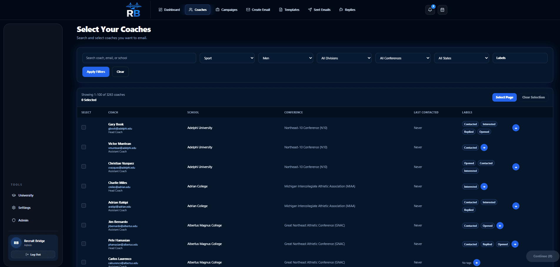RecruitBridge coach search with recruiting filters and coach organization tools