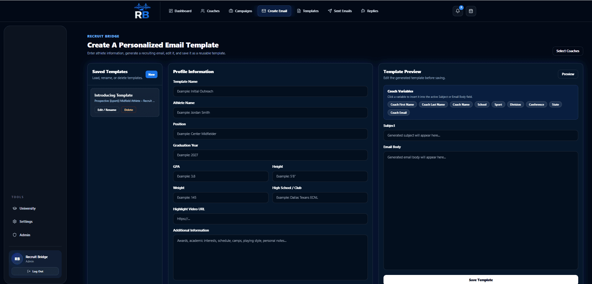 RecruitBridge email builder for creating personalized recruiting messages